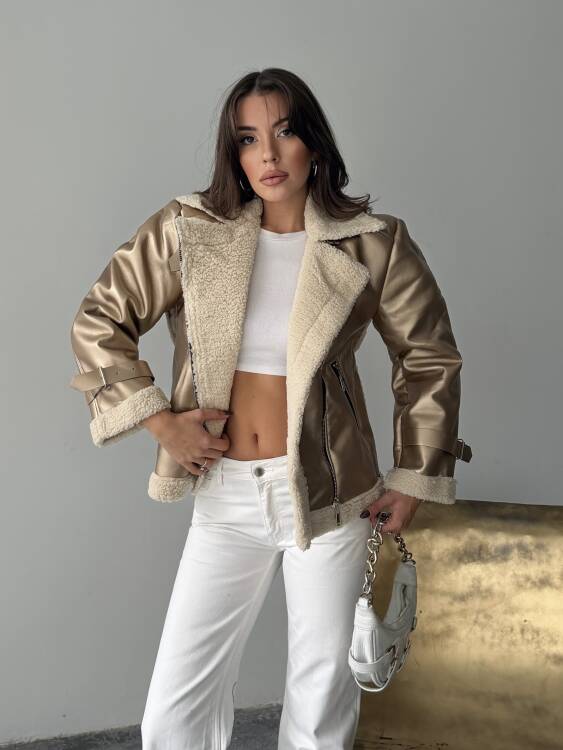 Belinda Parlak Deri Ceket - Gold - 1