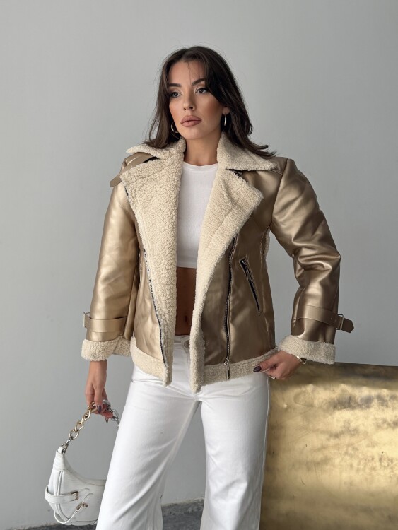 Belinda Parlak Deri Ceket - Gold - 2