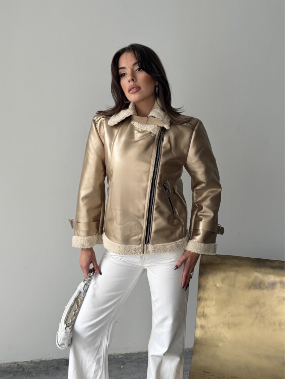 Belinda Parlak Deri Ceket - Gold - 3