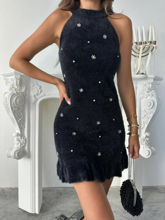 Betalis Taşlı Triko Elbise - Siyah - 4