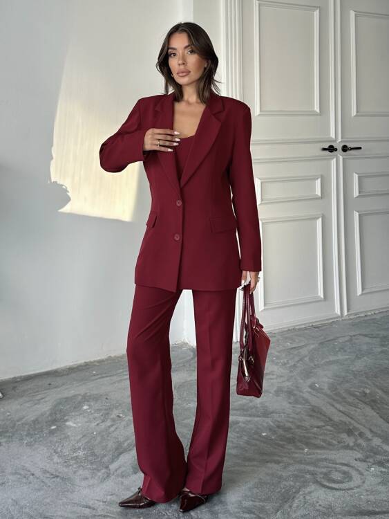 Carnat Crop Ceket Pantolon Takım - Bordo - 1