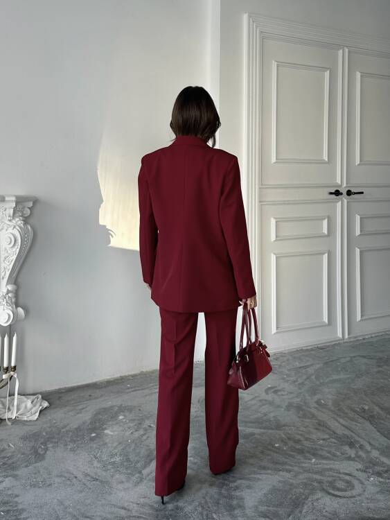 Carnat Crop Ceket Pantolon Takım - Bordo - 4