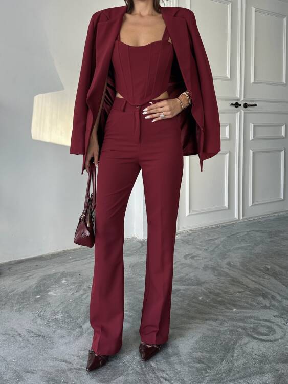 Carnat Crop Ceket Pantolon Takım - Bordo - 6