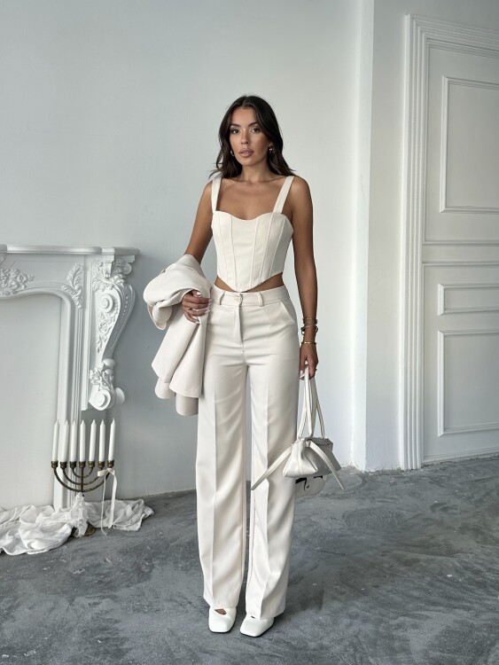 Carnat Crop Ceket Pantolon Takım - Krem - 6