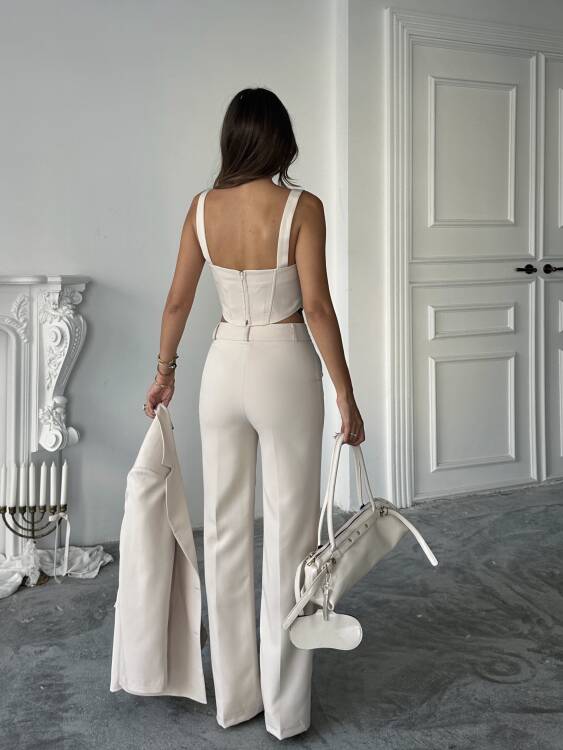 Carnat Crop Ceket Pantolon Takım - Krem - 7