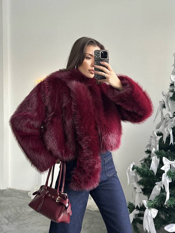 Eliana Atkılı Kürk Ceket - Bordo - 4