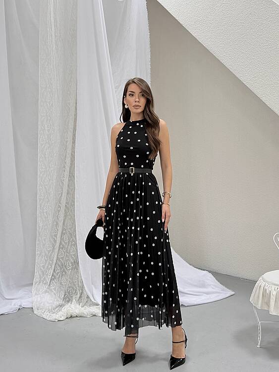 Elsa Puanlı Maxi Elbise - Siyah - 1