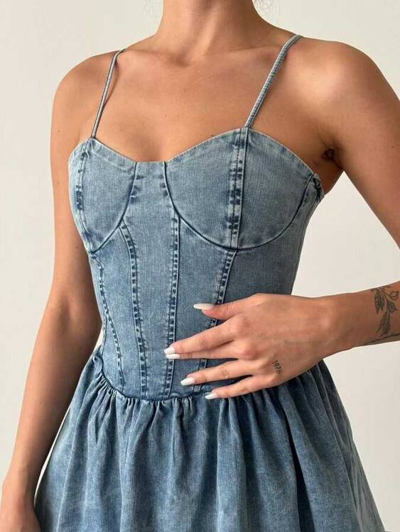 Esli Denim Elbise- Açık Mavi - 2