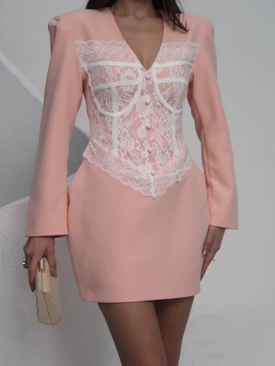 Ezra Dantel Detay Mini Elbise - Pembe - 3