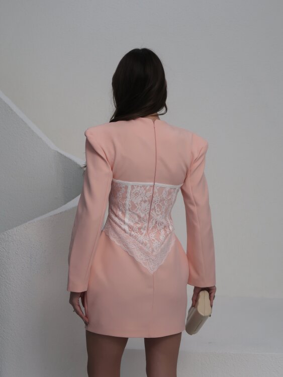 Ezra Dantel Detay Mini Elbise - Pembe - 4