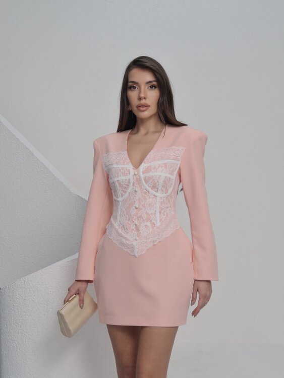 Ezra Dantel Detay Mini Elbise - Pembe - 5