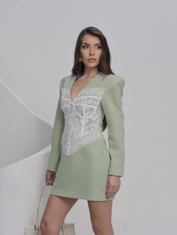 Ezra Dantel Detay Mini Elbise - Yeşil - 4