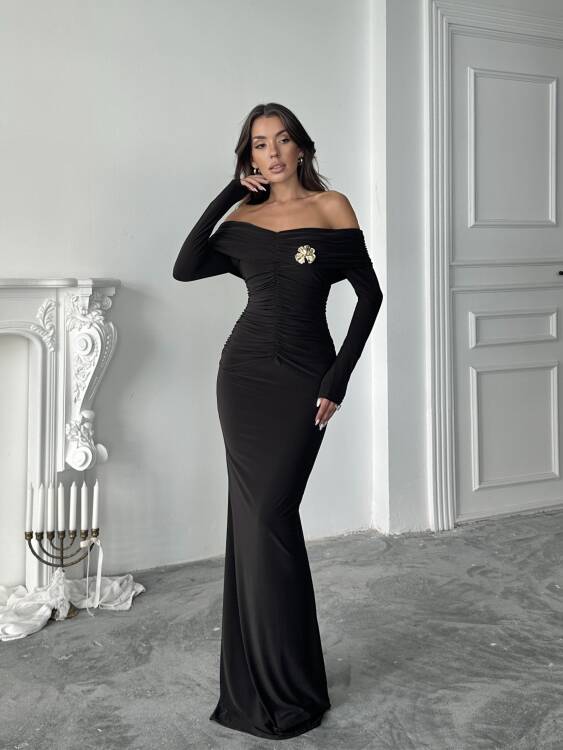 Grace Broş Detaylı Elbise - Acı Kahve - 1