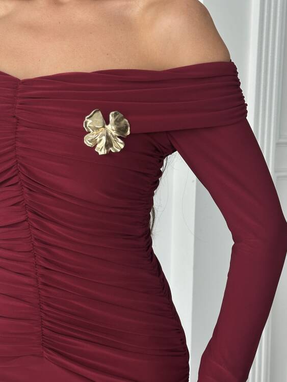 Grace Broş Detaylı Elbise - Bordo - 2