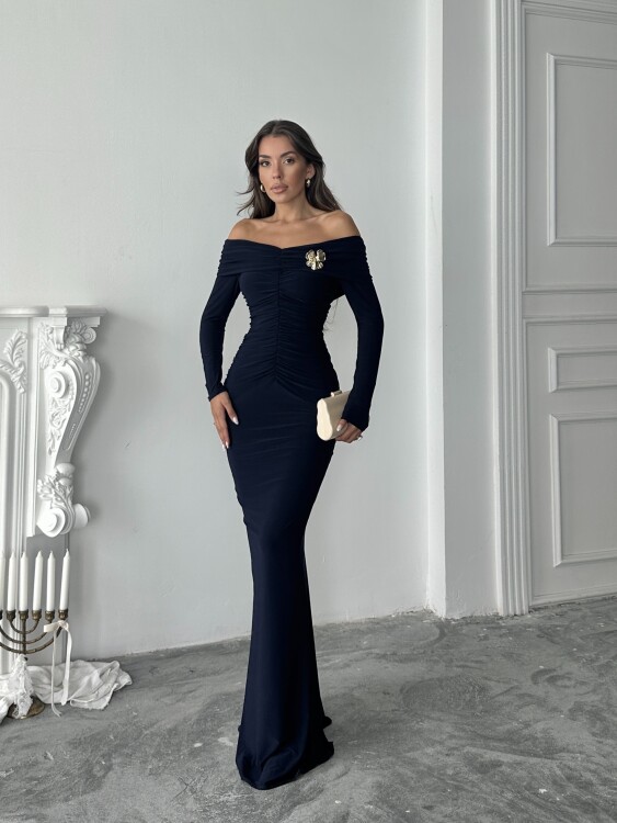 Grace Broş Detaylı Elbise - Lacivert - 1