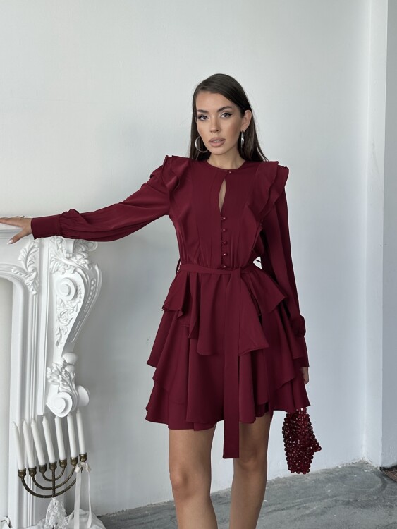 Hazel Kuşaklı Elbise - Bordo - 3