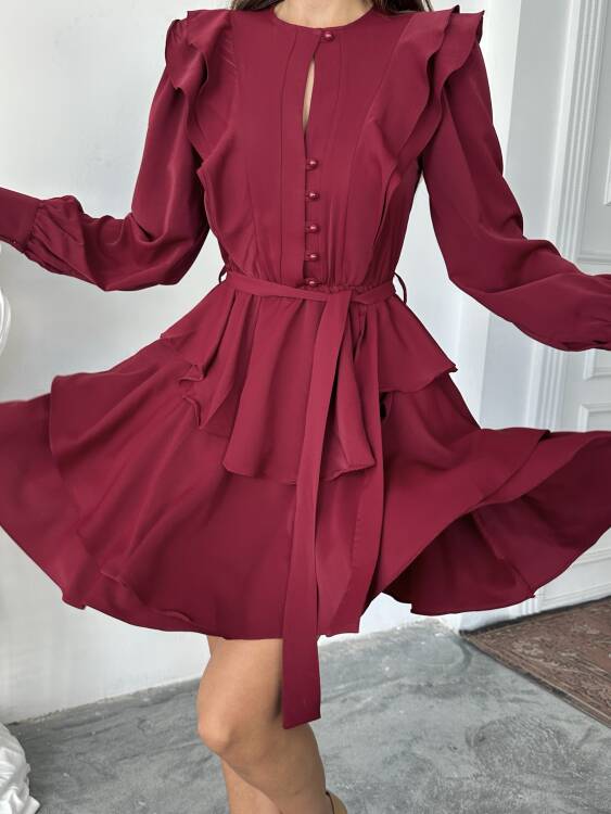 Hazel Kuşaklı Elbise - Bordo - 5
