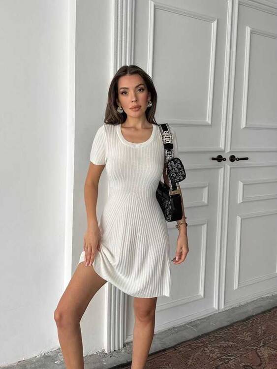 Lisa Triko Elbise - Beyaz - 3