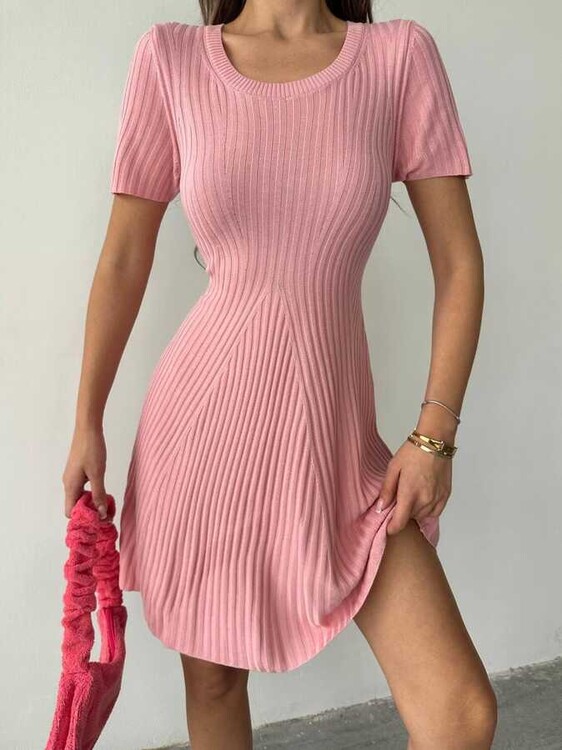 Lisa Triko Elbise - Pudra Pembe - 3