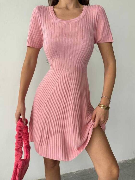 Lisa Triko Elbise - Pudra Pembe - 3