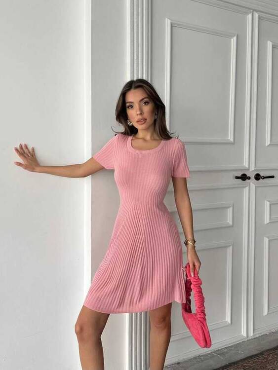 Lisa Triko Elbise - Pudra Pembe - 4