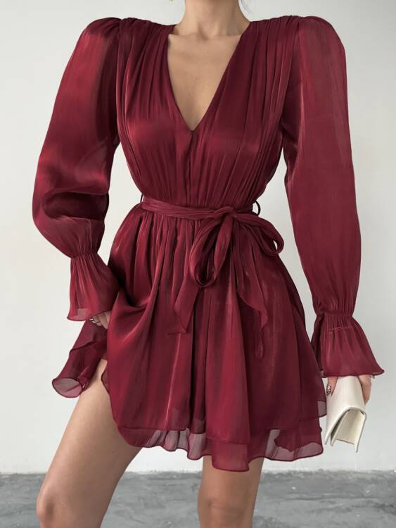 Mirelle Mini Elbise - Bordo - 3
