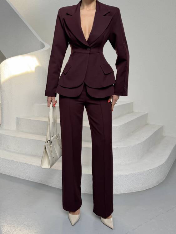 Mono Ceket Pantolon Takım - Bordo - 4