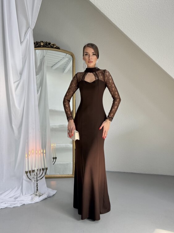 Noir Dantel Kol Maxi Elbise - Acı Kahve - 1