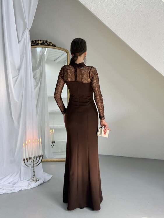 Noir Dantel Kol Maxi Elbise - Acı Kahve - 4