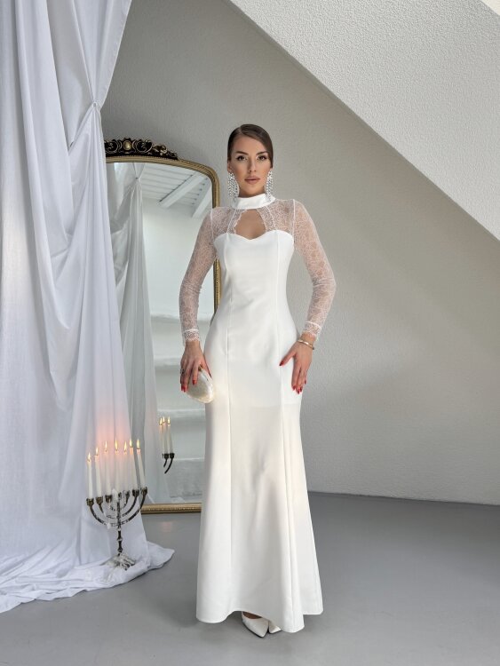 Noir Dantel Kol Maxi Elbise - Beyaz - 1
