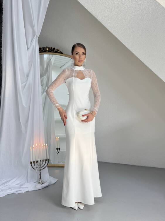 Noir Dantel Kol Maxi Elbise - Beyaz - 4