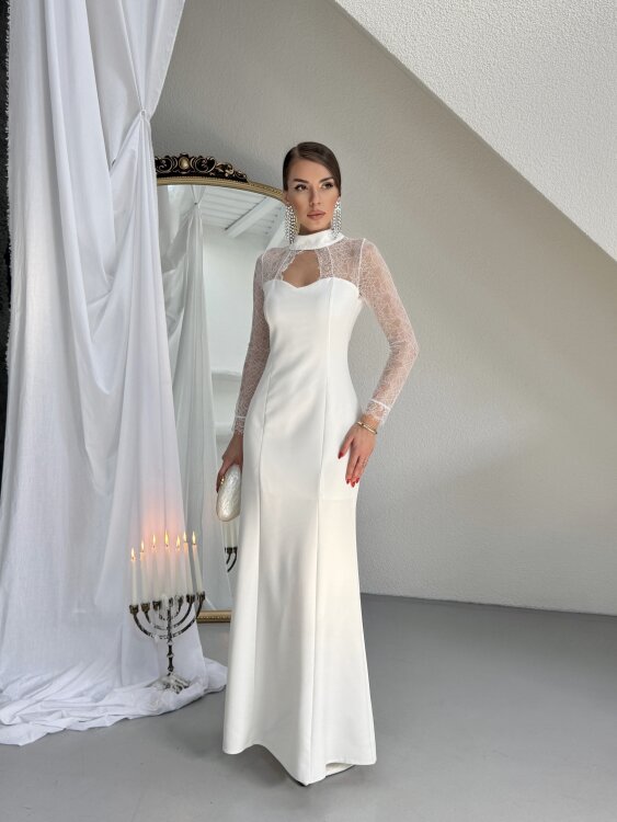 Noir Dantel Kol Maxi Elbise - Beyaz - 6