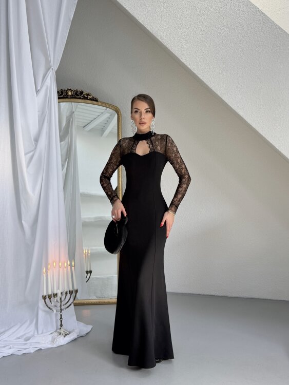 Noir Dantel Kol Maxi Elbise - Siyah - 1