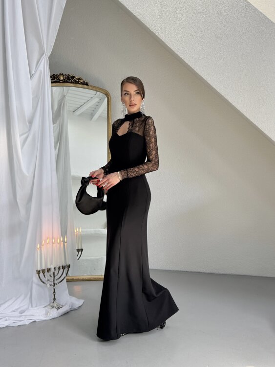 Noir Dantel Kol Maxi Elbise - Siyah - 3