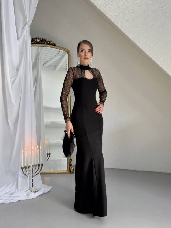 Noir Dantel Kol Maxi Elbise - Siyah - 4