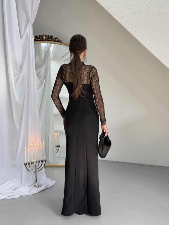Noir Dantel Kol Maxi Elbise - Siyah - 5
