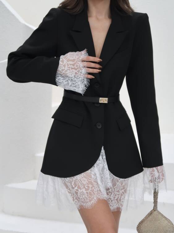 Odette Tül Detaylı Ceket Elbise - Siyah - 5