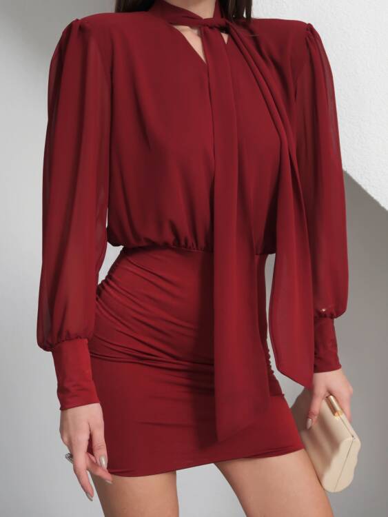 Rosalie Sırt Detaylı Mini Elbise - Bordo - 4