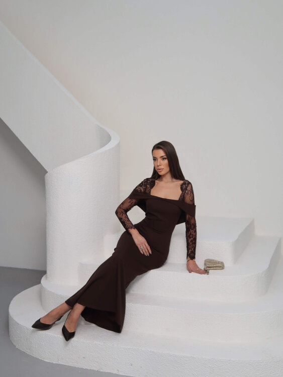 Sandrine Tül Kol Maxi Elbise - Acı Kahve - 3