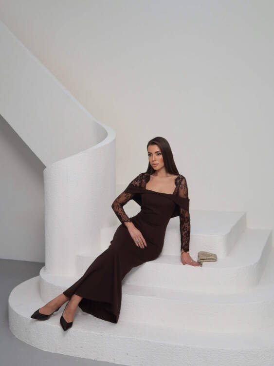Sandrine Tül Kol Maxi Elbise - Acı Kahve - 3