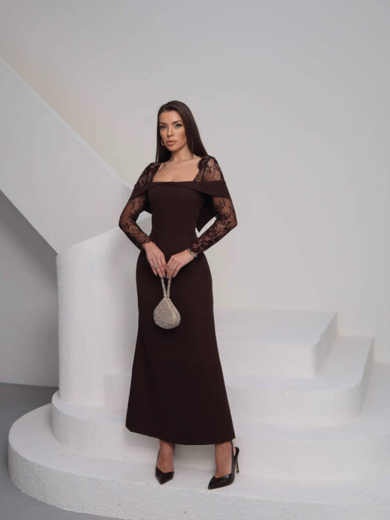 Sandrine Tül Kol Maxi Elbise - Acı Kahve - 4