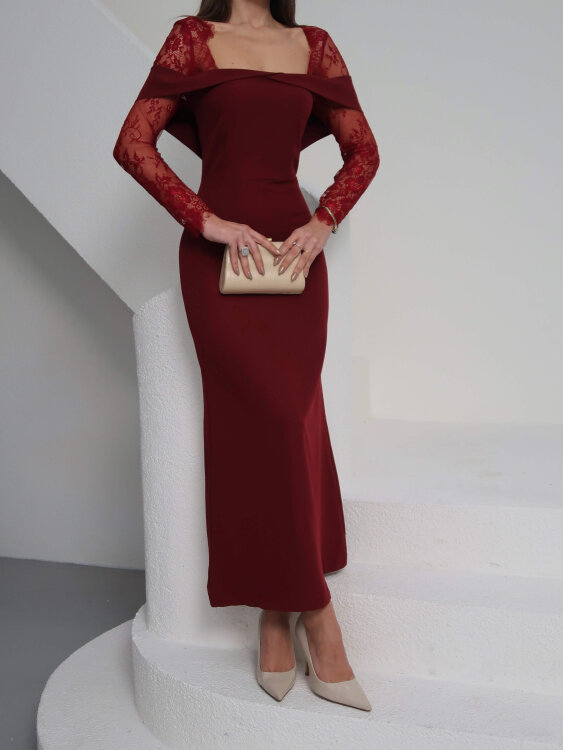 Sandrine Tül Kol Maxi Elbise - Bordo - 5