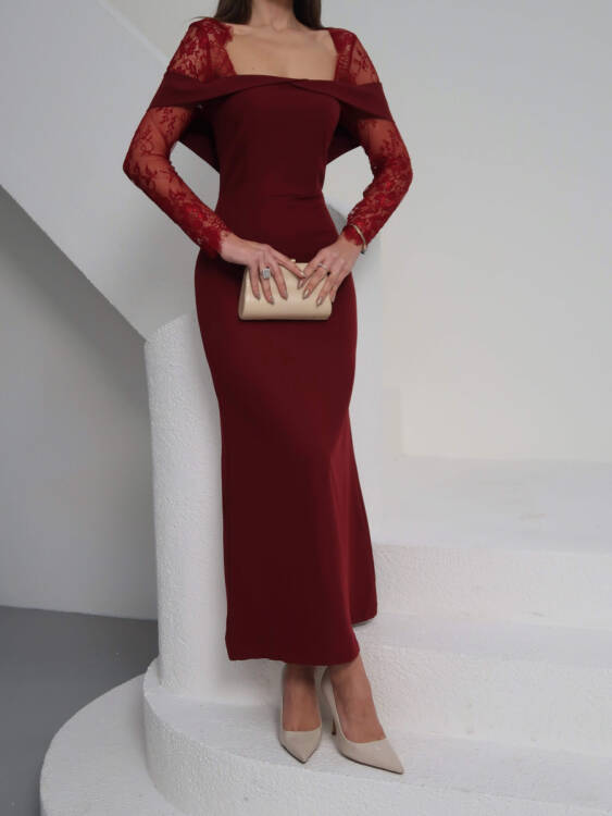 Sandrine Tül Kol Maxi Elbise - Bordo - 5