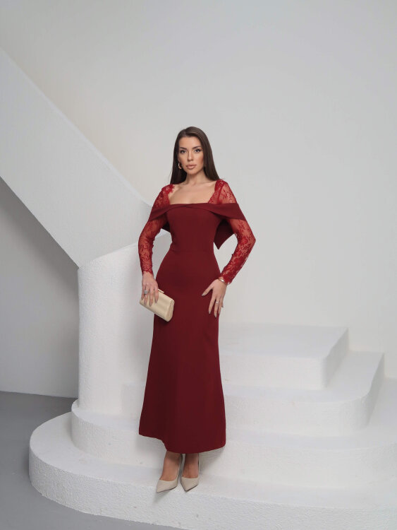 Sandrine Tül Kol Maxi Elbise - Bordo - 6