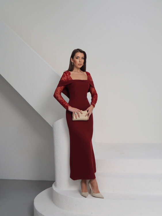 Sandrine Tül Kol Maxi Elbise - Bordo - 7