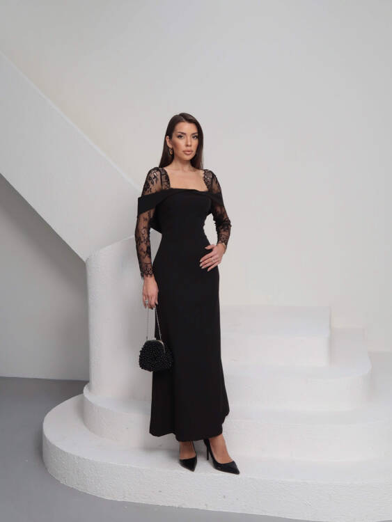Sandrine Tül Kol Maxi Elbise - Siyah - 1