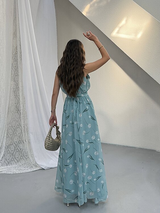 VİOL Halter Yaka Çiçekli Elbise - Mavi - 5