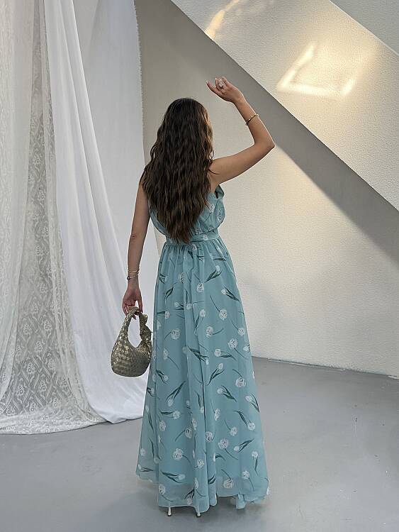 VİOL Halter Yaka Çiçekli Elbise - Mavi - 5