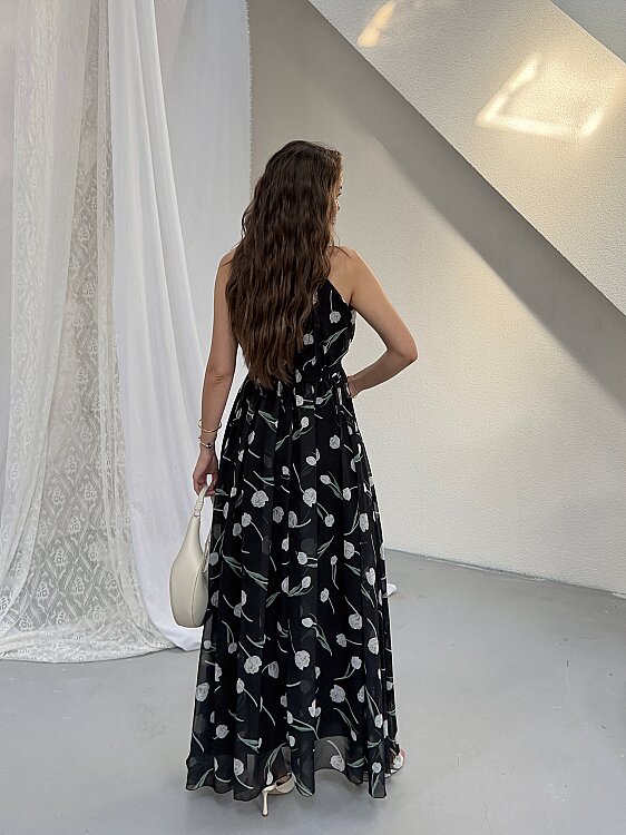 VİOL Halter Yaka Çiçekli Elbise - Siyah - 5