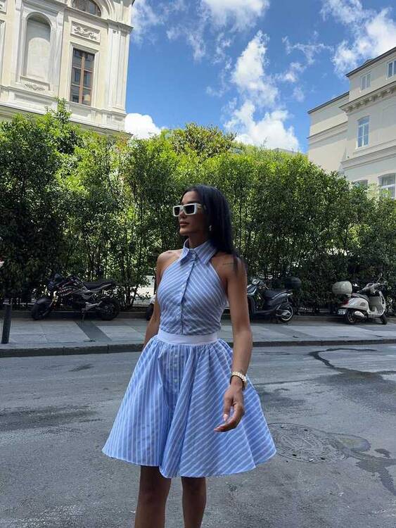 Yulia Çizgili Elbise- Mavi - 1